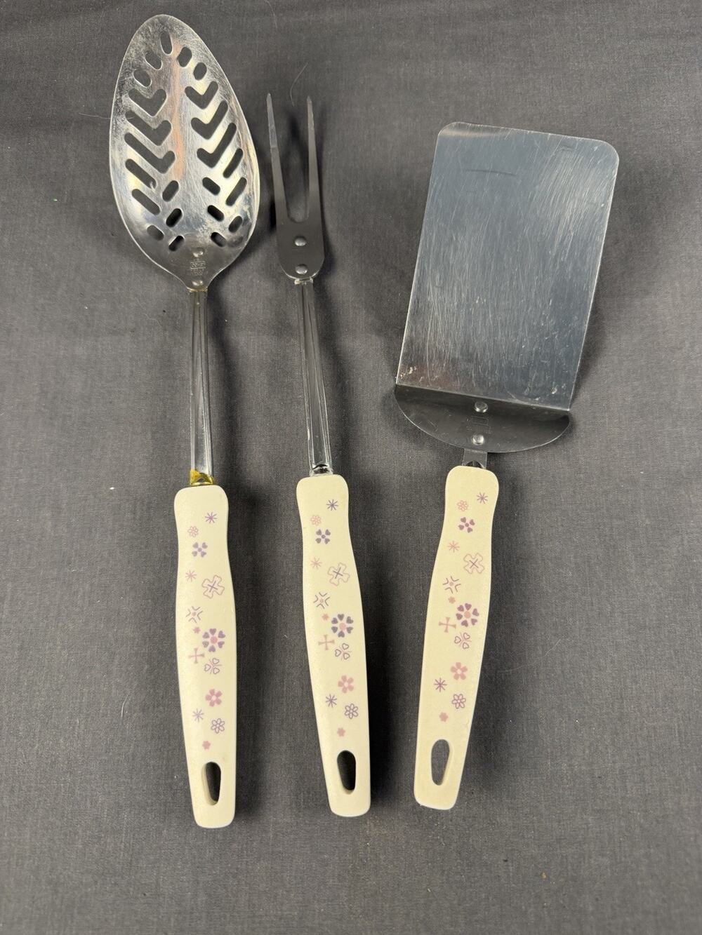 Vintage Ekco Slotted Spoon Serving Fork & Spatula White W/ Purple Flowers